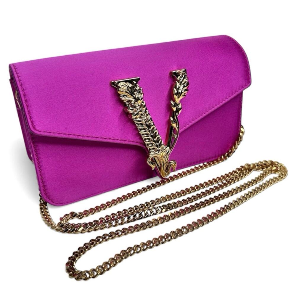 NWT Versace Fuchsia Satin Virtus Gold Engraved Logo Mini Evening Crossbody Bag